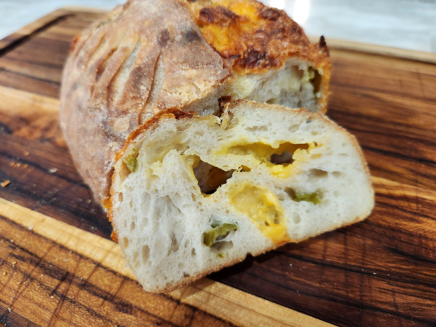 Homemade cheddar jalapeno sourdough boule