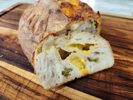 Homemade cheddar jalapeno sourdough boule