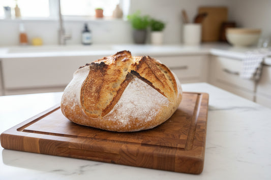 Loaf of bread on a cutting board with a kitchen in the background